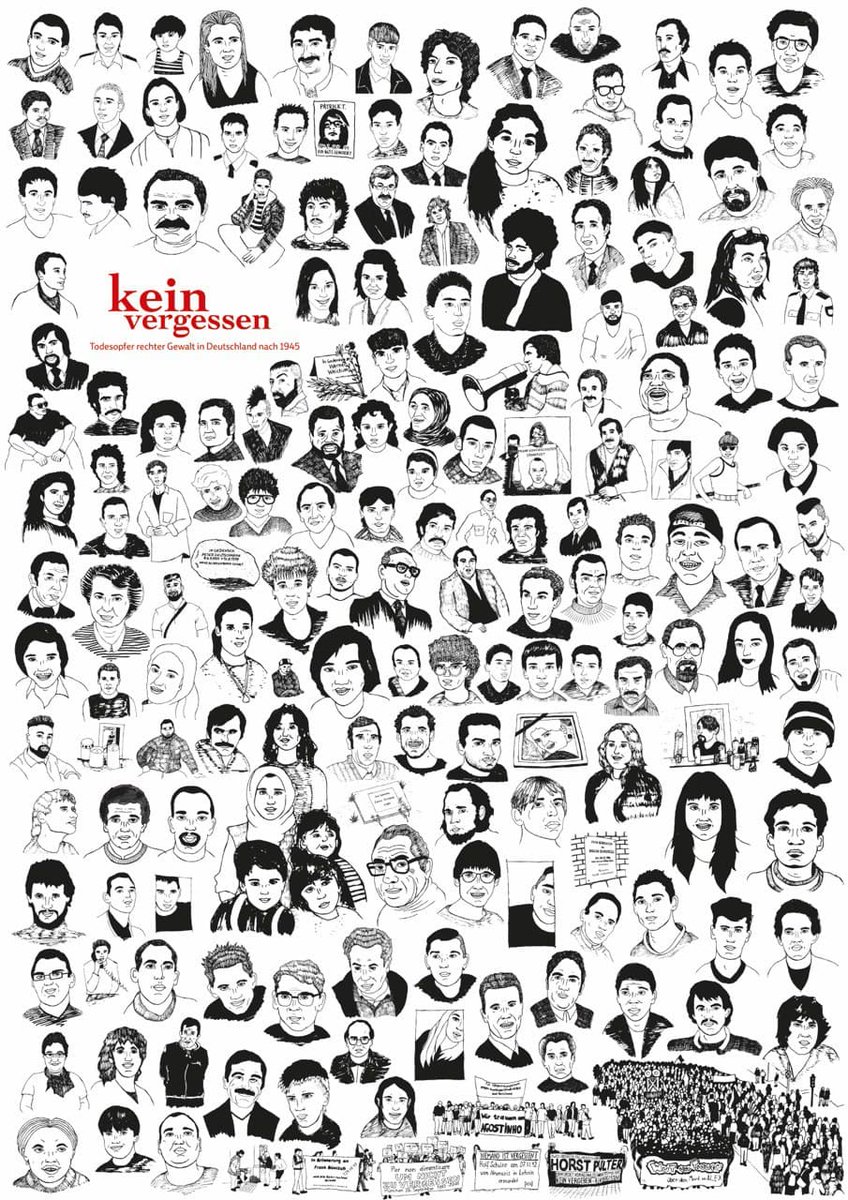 Wir haben DIN A1 große Gedenkplakate drucken lassen. Darauf finden sich alle Todesopfer rechter Gewalt, die nach 1945 dokumentiert sind und von denen es eine Bildvorlage für den Illustrator gab. #KeinVergessen