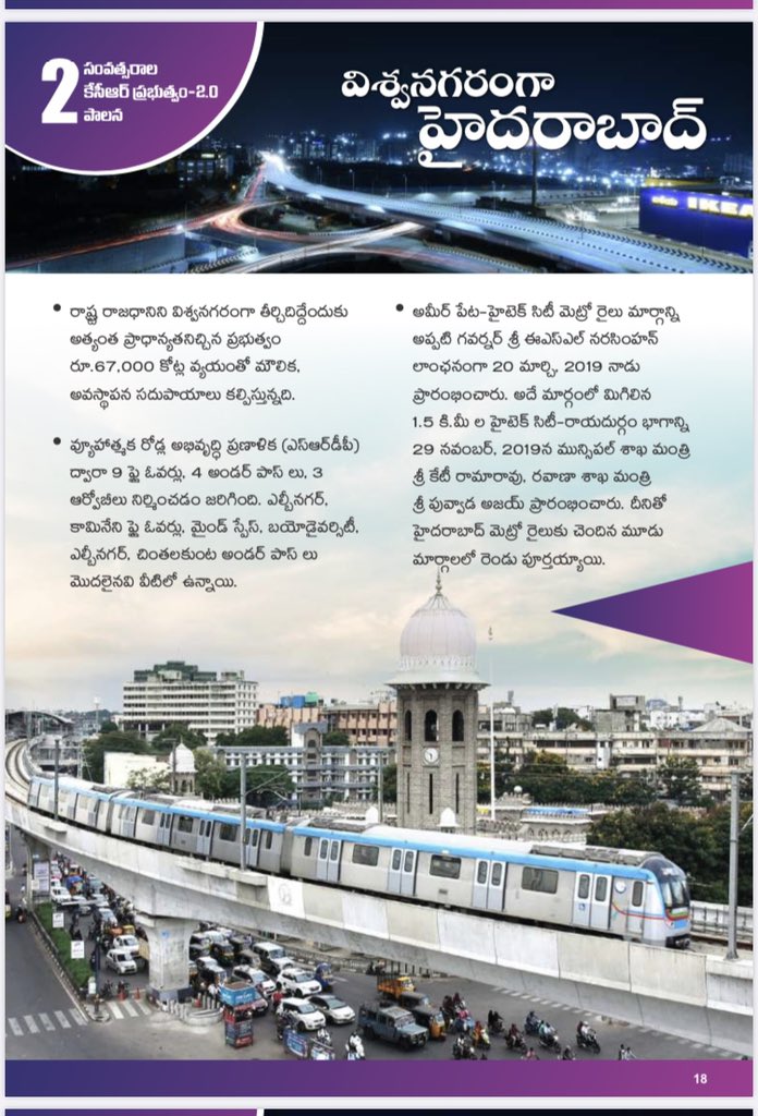  #Hyderabad on the path to become Global city. Over Rs.67,000 Cr spent.  #SRDP flyovers, underpasses,  #CRMP,  #HRDCL link roadsRs.13,000 Crores for  #HMWSSB to supplying drinking water & to treat sewerage.Flood relief of Rs.10,000 each to over 7 Lakh victims....(5/10) @KTRTRS