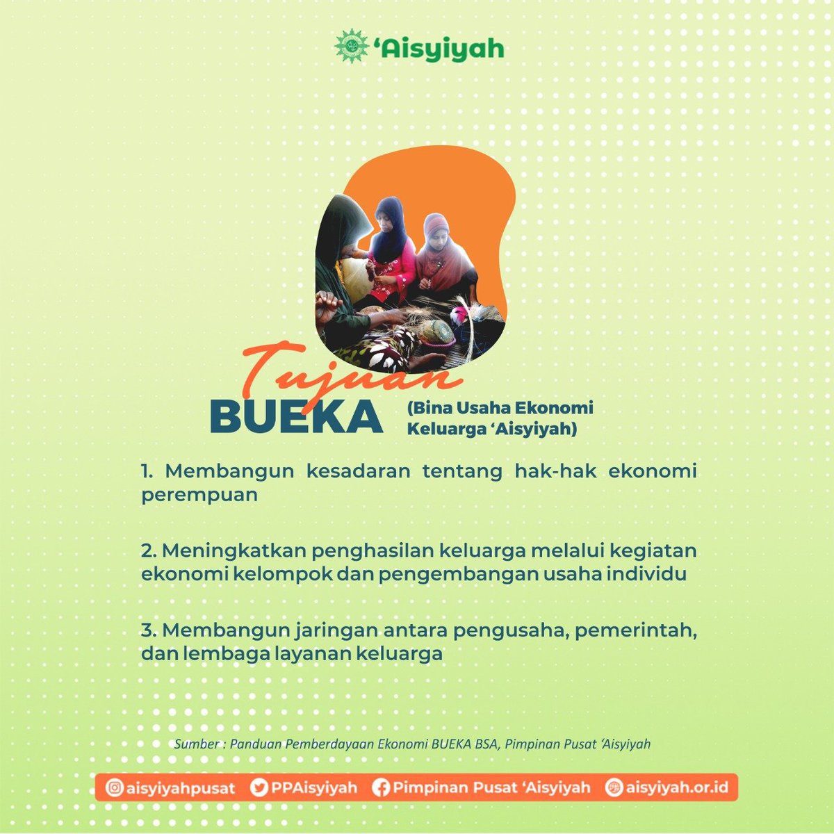 PPAisyiyah's tweet photo. Gerak pemberdayaan ekonomi bagi perempuan dilakukan secara nyata oleh 'Aisyiyah salah satunya dengan mendorong terbentuknya sekaligus mendampingi BUEKA (Bina Usaha Ekonomi Keluarga 'Aisyiyah). Apakah #BUEKA itu ?
#Aisyiyah #EkonomiPerempuan #Muhammadiyah
#IslamBerkemajuan https://t.co/wH2oGmSmcq