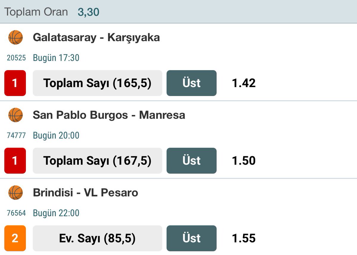 TabureHoops's tweet photo. #Basketbol ortak kupon 🏀

Takipçilerimizle yaptığımız ortak kupon. Şans bizimle olsun bol bol sayı izleyelim 🤩

#taburespor #iddaa #konuşanlar #gaziantep #fenerinmaçıvar #GFKvFB #sergenyalcın #Sınavlariptalolsun #öylemi #günaydın #Galatasaray #Fenerbahce  #besiktasinmacivar https://t.co/JtQEC4IMda
