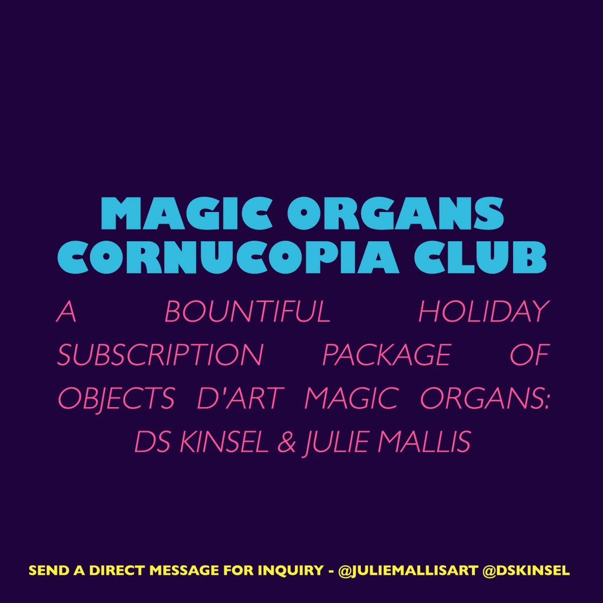 BOOMConcepts's tweet photo. Today and Sunday are rare opportunities to get #MagicOrgans pieces from @juliemallisart & @DSKinsel. Each holiday pack has 2 special picks of artwork from Julie and DS' unique art stash. Schedule an appointment with us between 2P-7P via email or DM the artists! https://t.co/oMobiq5loN