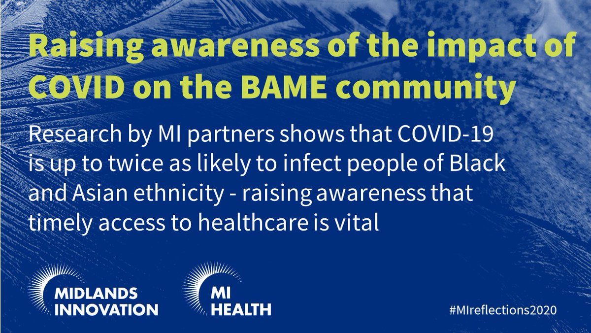 InnovationMids's tweet photo. #MIreflections #Day19 - Research by @uniofleicester @UniofNottingham shows that #Covid_19 is up to twice as likely to infect people of Black and Asian ethnicity - raising awareness that timely access to healthcare resources is vital to this at-risk group: https://t.co/TG0IVIDiP1 https://t.co/QJofZHCU0S