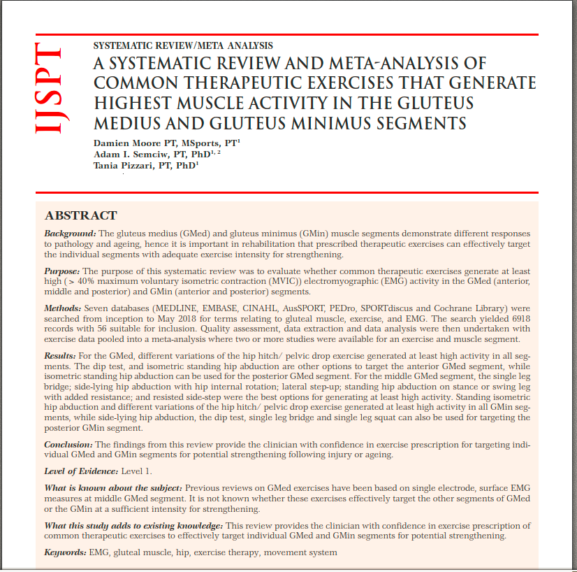 A SYSTEMATIC REVIEW AND META-ANALYSIS OF COMMON THERAPEUTIC EXERCISES THAT GENERATE HIGHEST MUSCLE ACTIVITY IN THE GLUTEUS MEDIUS AND GLUTEUS MINIMUS SEGMENTS

👀👀👇👇💪

ncbi.nlm.nih.gov/pmc/articles/P…