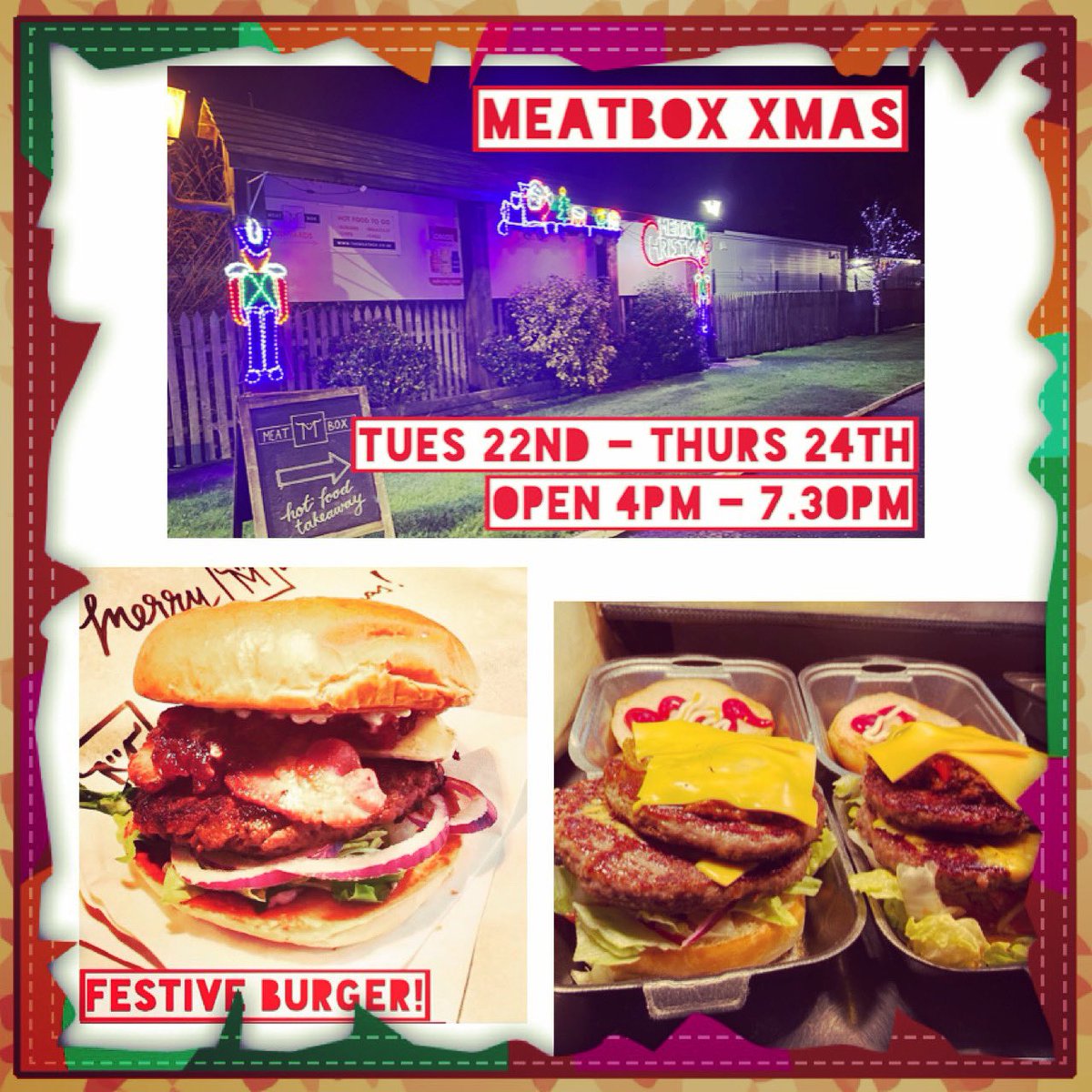 Open as usual from 12pm this weekend, then we’re doing some extra hours for the lead-up to Christmas! Competition to win a Festive Burger across on our Insta &amp; FB pages 😎🙌🎅🏼🍔 <a href="/TasteCauseway/">Taste Causeway</a> #meatbox #tastecauseway #tastecausewaychristmas #foodni #castlerock #northcoast #xmas