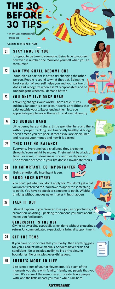 thebookofanas's tweet photo. Hi. So I've been learning how to make Infographics and I thought I'd play around with this very educative thread. 

Sort of rough but yeah, here's @TundeTASH's 30 tips with a little bit of F.U.N https://t.co/ON847yRJfR
