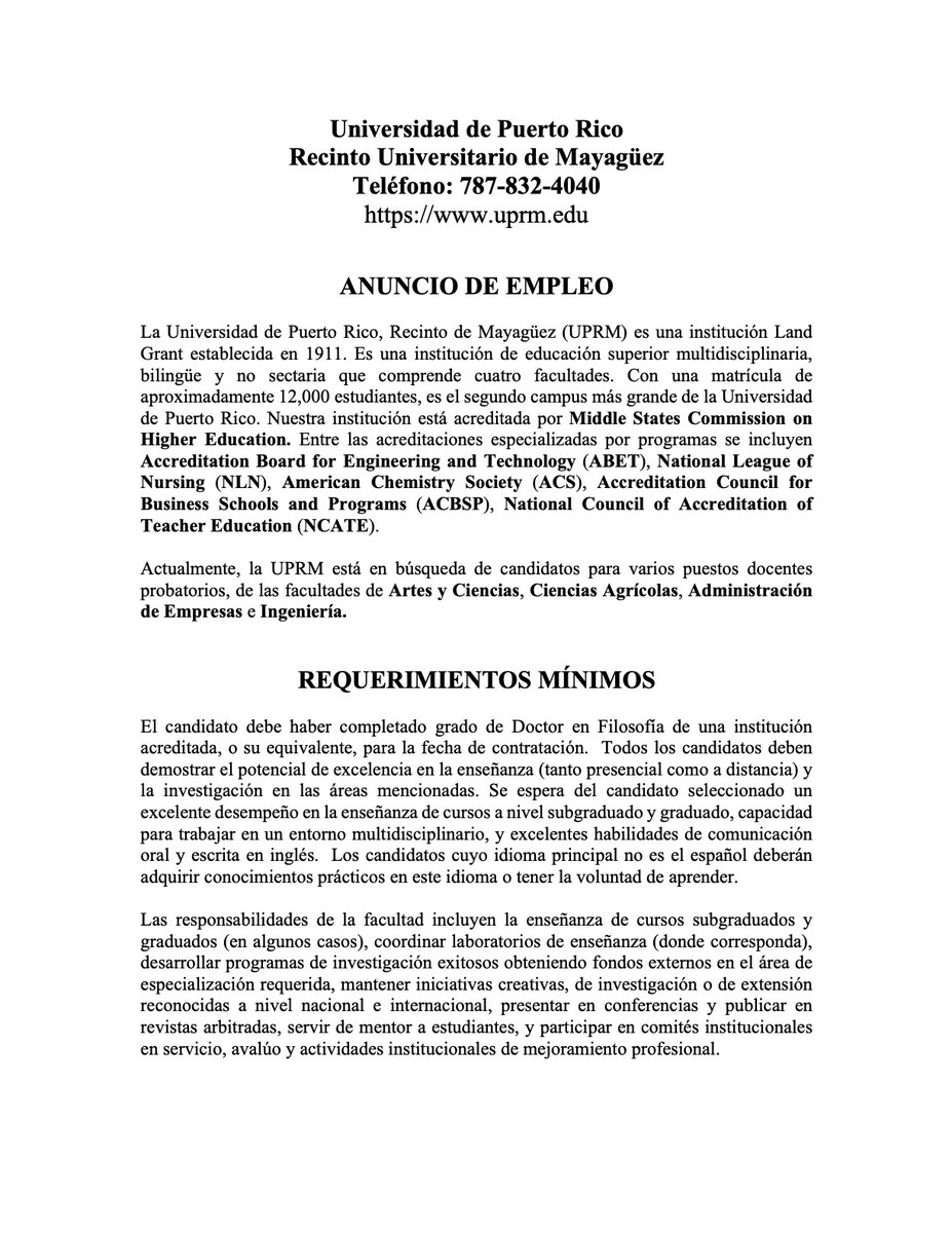 RullanAgustin's tweet image. La @uprm @UPR_Oficial  está en búsqueda de candidatos para varios puestos docentes probatorios, de las facultades de Artes y Ciencias, Ciencias Agrícolas, Administración de Empresas e Ingeniería.