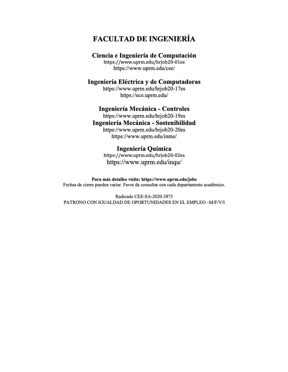 RullanAgustin's tweet image. La @uprm @UPR_Oficial  está en búsqueda de candidatos para varios puestos docentes probatorios, de las facultades de Artes y Ciencias, Ciencias Agrícolas, Administración de Empresas e Ingeniería.