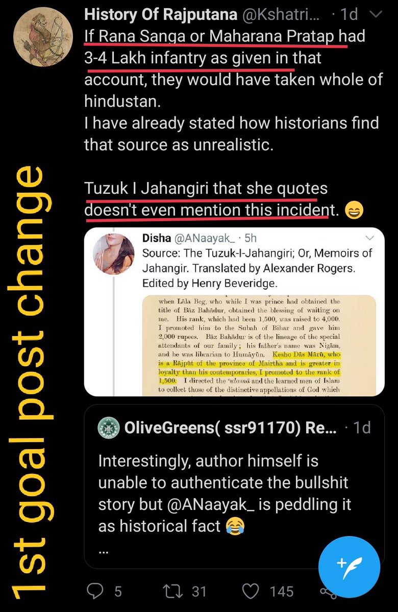 Disha answers that by pointing d Tazuk I Jahangir mentioning Keso Das as Rajput. Goal post changed. New question, Why thr is no mention of d said episode in it. Also he declares historians say that episode is unrealistic. In another tweet asks for primary source 2/n