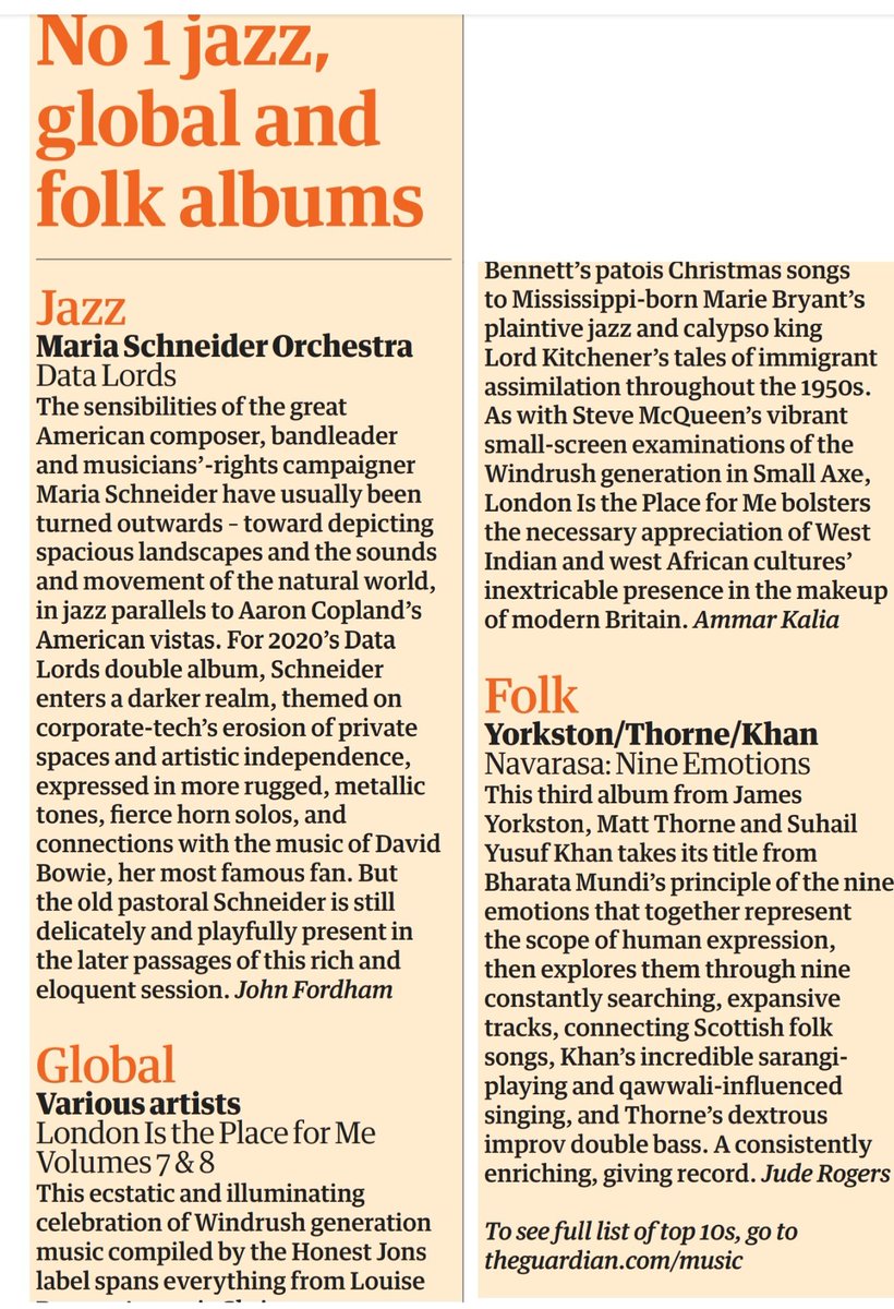 Delighted to see 'Navarasa ❤️ Nine Emotions' - the 3rd LP by the phenomenal Yorkston/Thorne/Khan receive 'Folk Album of 2020' in The Guardian  <a href="/guardian/">The Guardian</a> music roundup of the year ❤️ Hugely deserved and kudos to <a href="/juderogers/">Jude Rogers 💙</a> for recognising its greatness <a href="/guardianmusic/">Guardian music</a> ❤️ #YTK 🐎