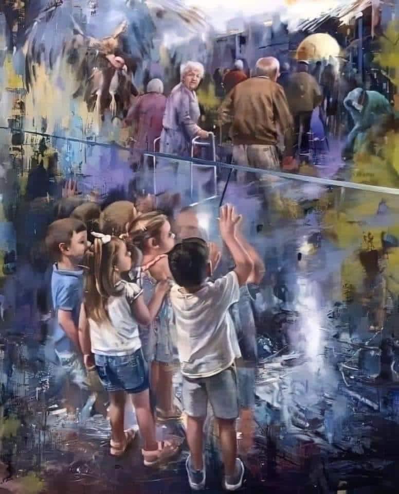 İspanyol ressam Juan Lucena tarafından, Kovid-19 nedeniyle hayatını kaybeden ve torunlarına “hoşça kal” diyemeyen tüm dedeler ve büyükannelere ithafen yapılmış bir resim... Gözümden yaş geldi.