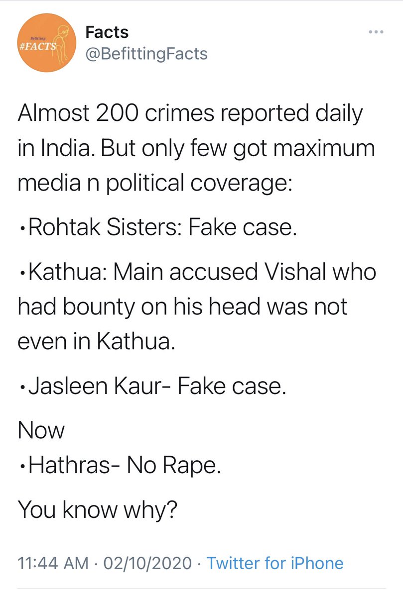 BJP loyalists started getting ‘hints’. One with ‘facts’ in the handle name even declared “Hathras- No Rape” 4/n