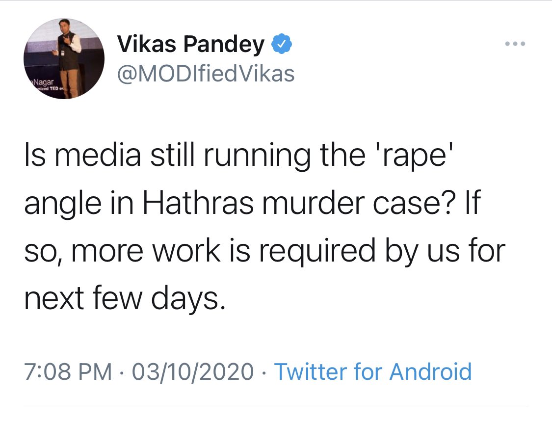 BJP social media warriors took the lead. “Is media still running the rape angle? More work required by us”. What is more work? See the next tweet. 6/n