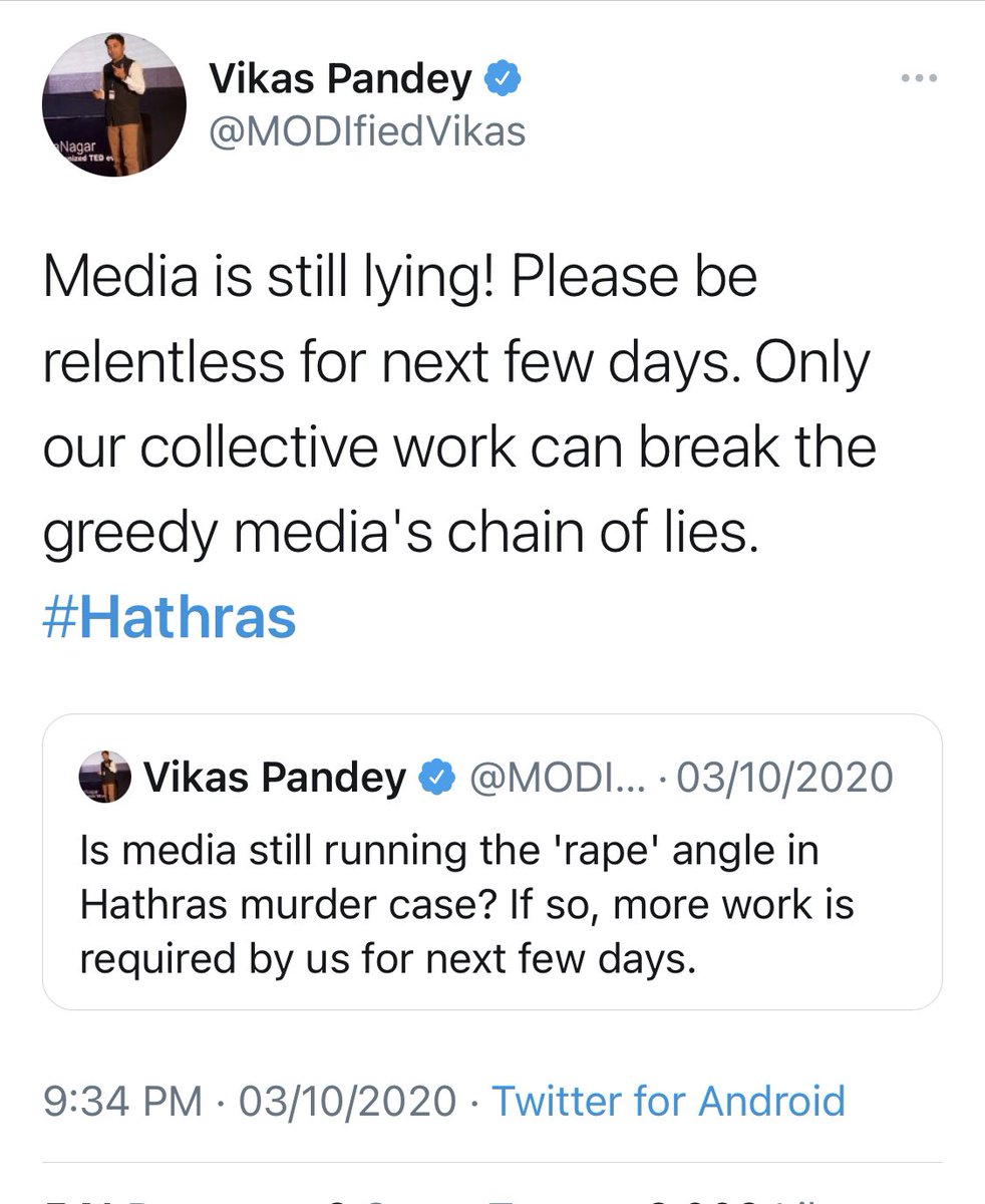 BJP social media warriors took the lead. “Is media still running the rape angle? More work required by us”. What is more work? See the next tweet. 6/n