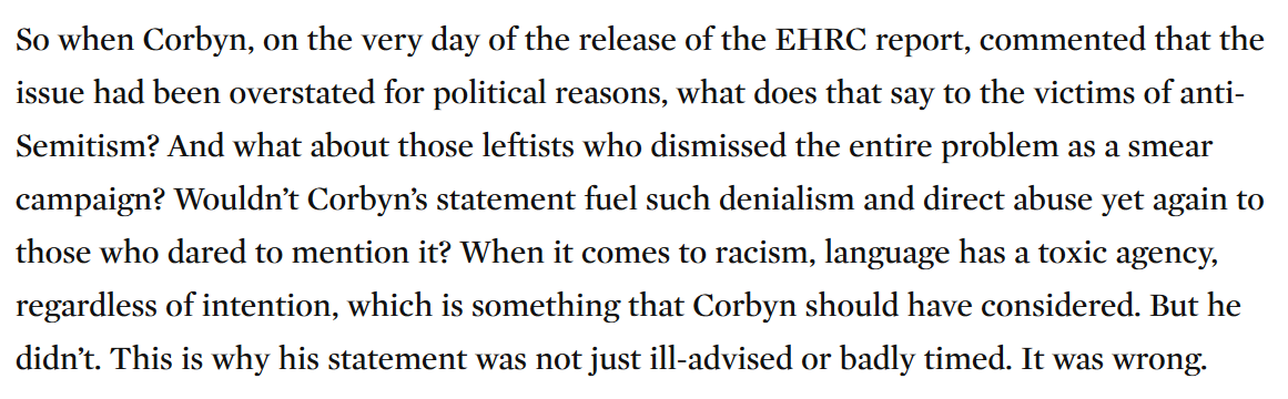 She falls back on a now-familiar evasive formula, railing against “those leftists who dismissed the entire problem as a smear campaign”, as if there are many people who believe there wasn’t a single case of antisemitism in the Labour Party. 9/