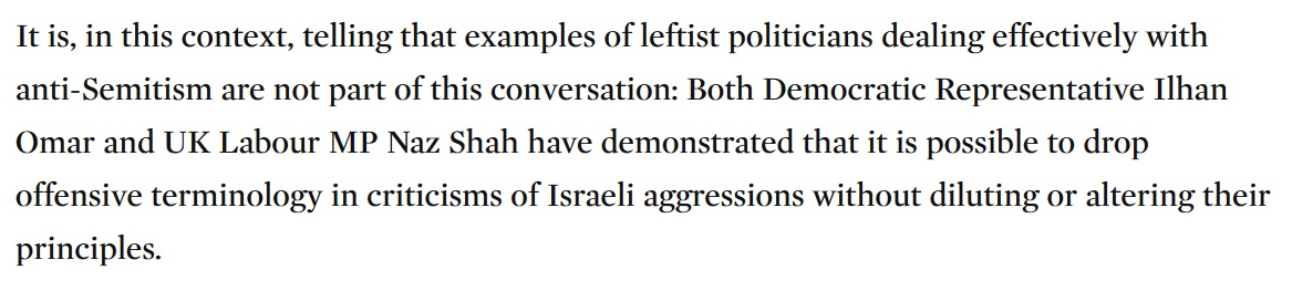 This is frankly asinine: Ilhan Omar was bullied into apologizing for a reference to AIPAC’s lobbying power that wasn’t remotely “offensive”. 14/ https://www.theguardian.com/commentisfree/2019/feb/13/ilhan-omar-is-right-about-the-influence-of-the-israel-lobby