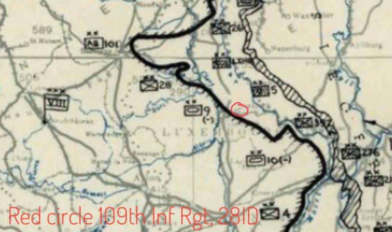 19th December 1944Wacht am Rhein - D+3Twelfth Army situation map, shows the 9th Armoured Div replacing 28ID. Not correct, as they were actually (increasingly) supporting S/SE of 109th, who still tenuously held Diekirch in the morning. They had yet to cross the Sauer.1)
