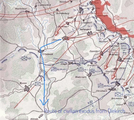 A more focused look, illustrating some key positions & events from this day in 1944.Note the 9 Armoured Division positions, directly south of Diekirch.2)