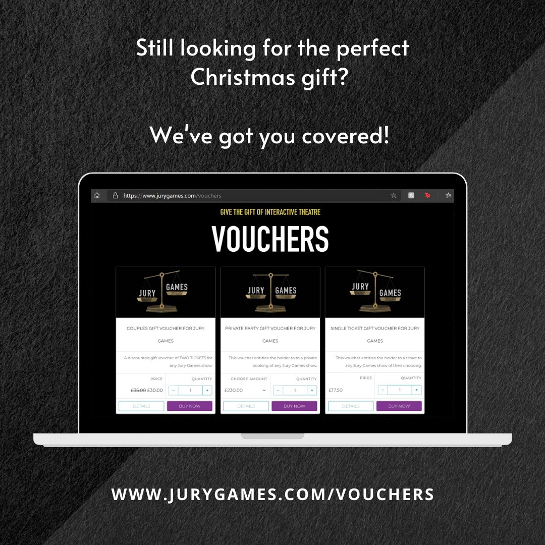 Jury Games now offer Gift Vouchers! 

The perfect gift for Christmas for immersive theatre, escape room, or unsolved mystery lovers! 

We've a couple options as well, from single tickets to private parties! 

You'll find them via jurygames.com/vouchers! 

#JuryGames