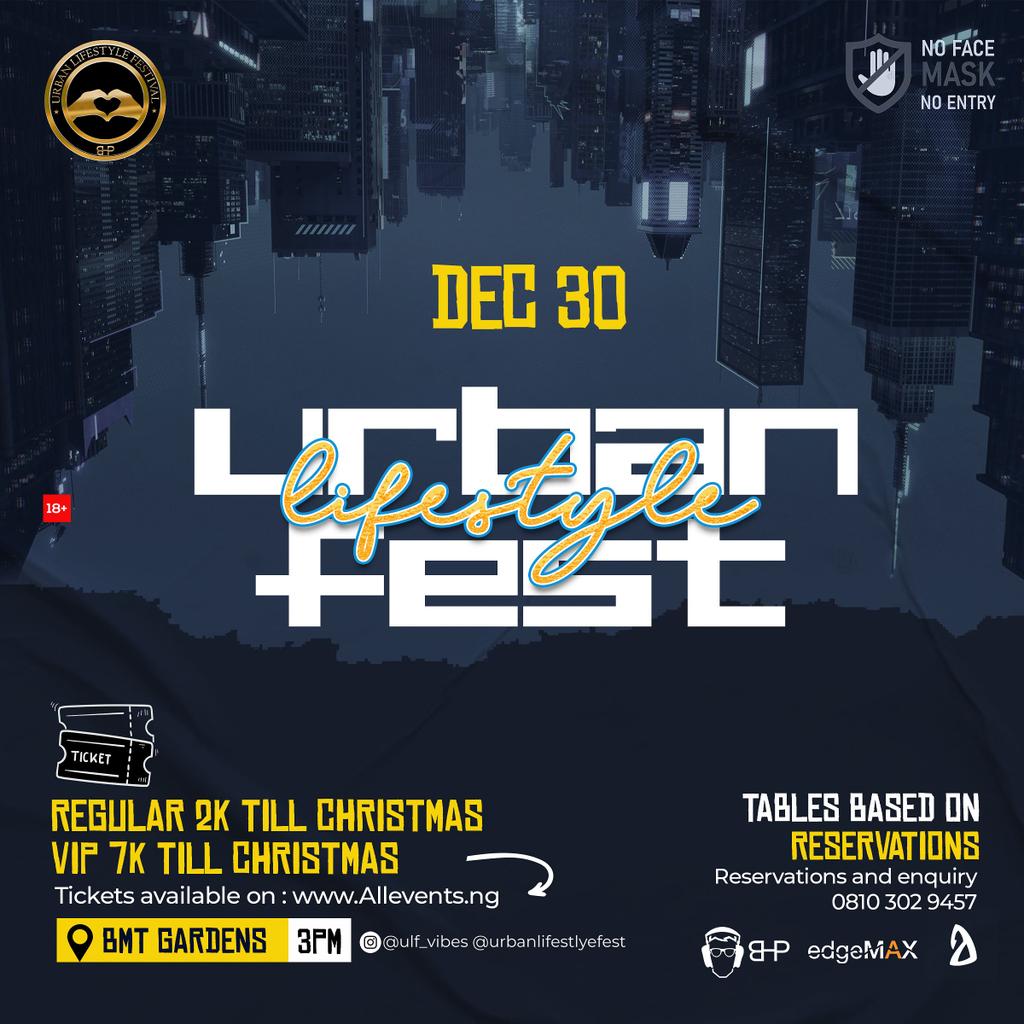 MosxoWizzle's tweet photo. LET THE COUNTDOWN BEGIN!! ⏱️⏱️
URBAN LIFESTYLE FEST!
📅: 30th December 2020
📍: BMT gardens, wuse2, Abuja.
🎟️ - https://t.co/3h0o9JAEJJ
For bookings and inquiries call 08103029457
#ULF2020 https://t.co/oxBQR19sqJ