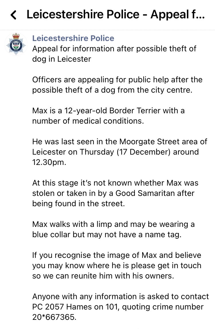 <a href="/leicspolice/">Leicestershire Police</a> These are the ladies that picked up Max if you know them ask them to contact <a href="/leicspolice/">Leicestershire Police</a> on 101 <a href="/DoglostUK/">DogLost</a> <a href="/VetsGetScanning/">MakeChipsCount to Reunite Pets</a> <a href="/Dr_Dan_1/">Dr Daniel Allen</a>