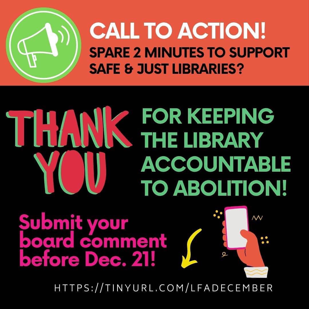 Lib4AllSTL's tweet image. Why is police divestment and libraries for all important to you? Submit your public comment before Monday’s board meeting!  tinyurl.com/lfadecember
#NoCopsNoCOVID 
#LibrariesForBlackLives 
#LibrariesForAllSTL