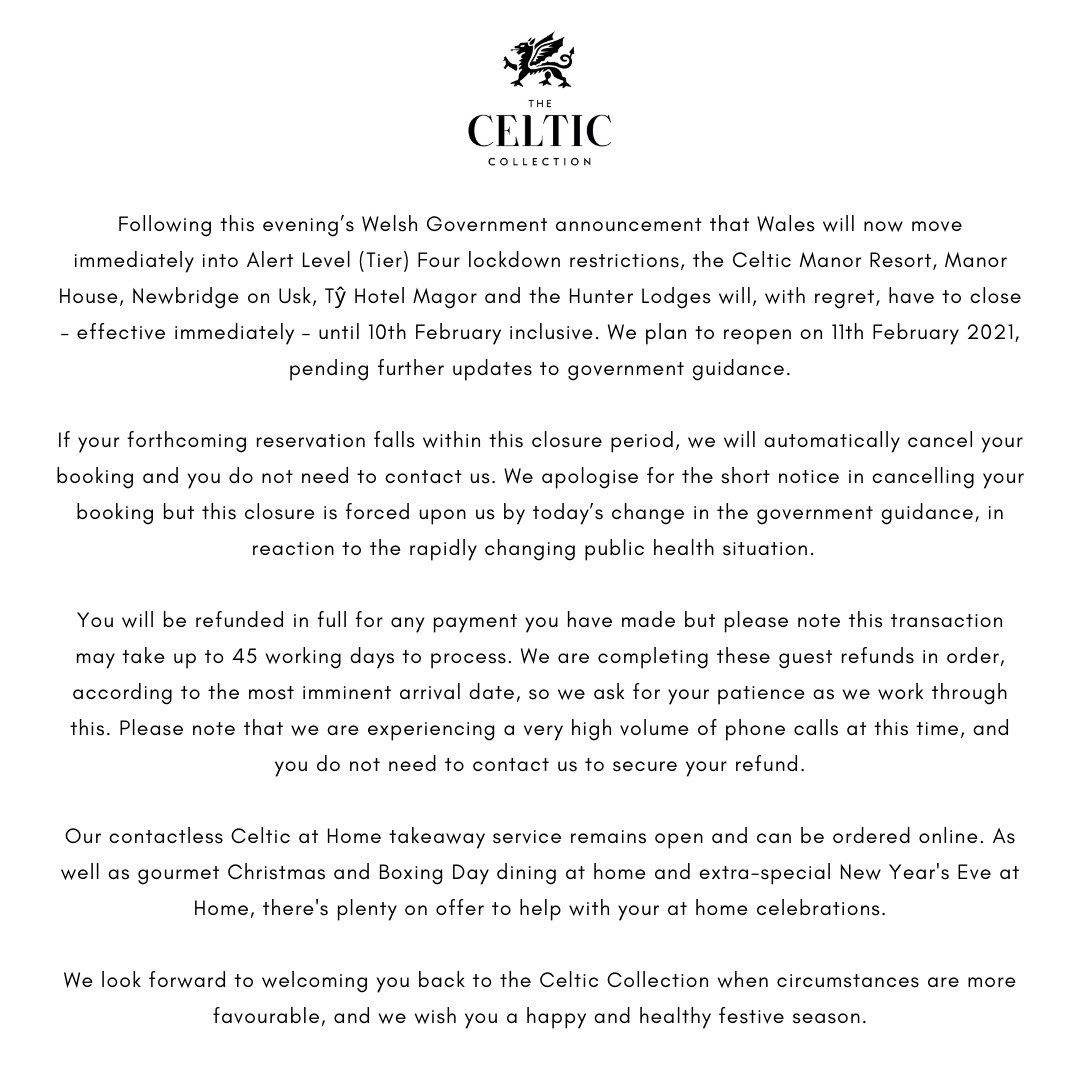 IMPORTANT UPDATE: Following the latest Welsh government announcement, we are closed with immediate effect. Please read our full update.

Further details and FAQ's here - celtic-manor.com/about-your-stay