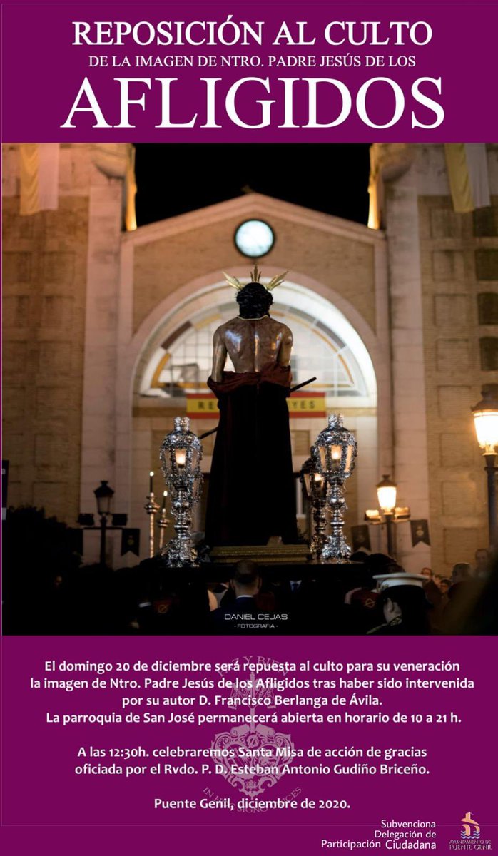 hdadsantacruzpg's tweet photo. #SantaCruzActualidad | VENERACIÓN Y MISA DE ACCIÓN DE GRACIAS. 

Mañana domingo 20 de diciembre, desde las 10h estarán abiertas las puertas de la parroquia de San José para visitar venerar a la imagen de Ntro. Padre Jesús de los Afligidos.

(1/3) https://t.co/hCnDW1thVp