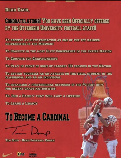 HymerZach's tweet photo. After an awesome visit, I am blessed to receive an offer from @Otterbein_FB!
Thank you @CoachVanderkooi @Coach_Garvin https://t.co/GeJ0C3XRaR