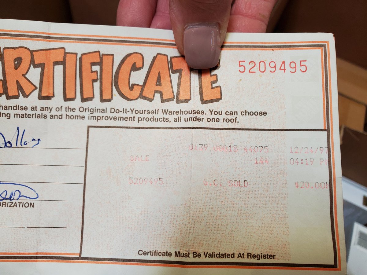 Doria Medrano (@doriathd0139) on Twitter photo Customer came in today to spend his $20 Gift Certificate from 1997!! Bought at this store 0139 on 12/24/1997 @ 4:19pm. What an amazing day!!! <a href="/jwaynehollis/">Wayne</a> <a href="/Brad_Peebles/">BP</a> <a href="/Lange10Jonathan/">Jonathan Lange</a> @Tyler_PeekTHD <a href="/BirchfieldDrew/">Drew Birchfield</a> <a href="/TravisBurgeeTHD/">Travis Burgee</a> <a href="/thdtunya/">Tunya Williams</a> <a href="/DarrenHenry/">Darren Henry</a> Customer came in today to spend his $20 Gift Certificate from 1997!! Bought at this store 0139 on 12/24/1997 @ 4:19pm. What an amazing day!!! <a href="/jwaynehollis/">Wayne</a> <a href="/Brad_Peebles/">BP</a> <a href="/Lange10Jonathan/">Jonathan Lange</a> @Tyler_PeekTHD <a href="/BirchfieldDrew/">Drew Birchfield</a> <a href="/TravisBurgeeTHD/">Travis Burgee</a> <a href="/thdtunya/">Tunya Williams</a> <a href="/DarrenHenry/">Darren Henry</a>
