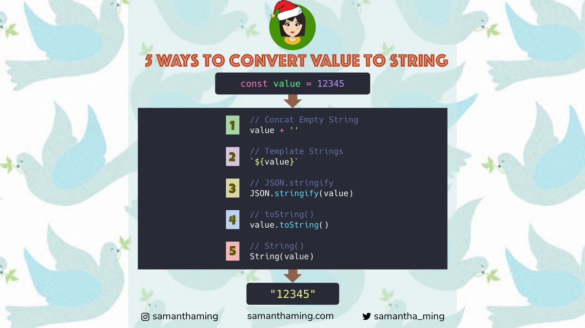 samantha_ming's tweet image. #CodeTidbits30 Day 19 🎄
5 Ways to Convert a Value to a String  - I like the "String()" way b/c I think it's the most intentional and explicit. If you're following Airbnb's style guide, it's also their preferred way 👍
#Codenewbie #100DaysOfCode #301DaysOfCode