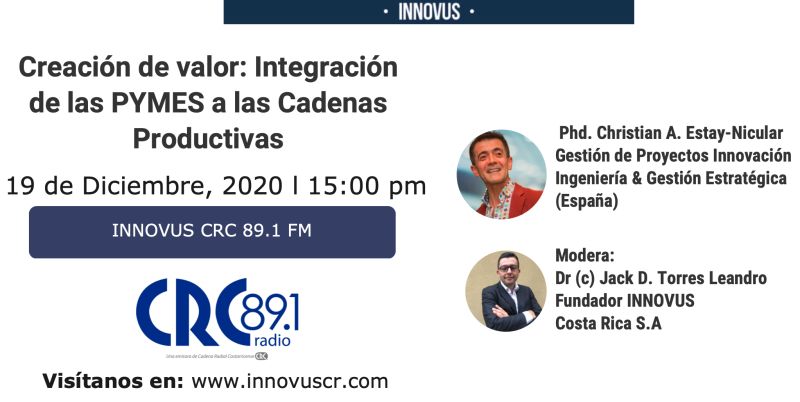 ch_estay's tweet photo. Te invito a mi entrevista "Creación de Valor: integración de las #PyMEs a las cadenas productivas"
HOY #sábado 19 de #Diciembre.
15h #CostaRica
16h #Ecuador
18h #Chile
Por #streaming https://t.co/ACacHuMhkz
#InnovandoContigo
#InnovandoLaInnovacion
.@ch_estay .@EstayConsulting https://t.co/JVL4AJxppi