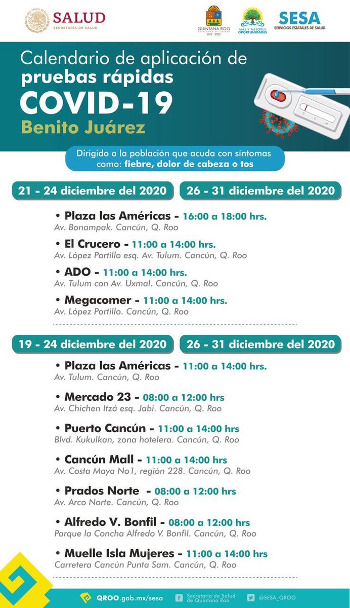 Estamos haciendo pruebas rápidas de #Covid_19 en las colonias con más casos positivos activos del Estado y hemos instalado en algunos puntos conocidos de #Chetumal #Cancun y #PlayaDelCarmen. #JuntosSaldremosAdelante