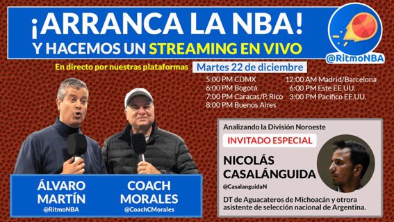 El próximo martes tendré el placer de acompañar a dos profesionales a quienes admiro muchísimo como <a href="/AlvaroNBAMartin/">Álvaro Martín</a> y <a href="/CoachCMorales/">Carlos Morales</a> en la previa del comienzo de la <a href="/NBALatam/">NBA Latam</a>. 
Junto a <a href="/AnnaMontanana/">Anna Montañana</a>, <a href="/JoeyColonPR/">Joey Colón</a>, <a href="/Tomapapa/">Carlos M. Ramírez</a>, <a href="/memo_schutz/">Guillermo Schutz</a> y <a href="/ElalcaldeRafa/">Rafa Hernández-Brito</a>