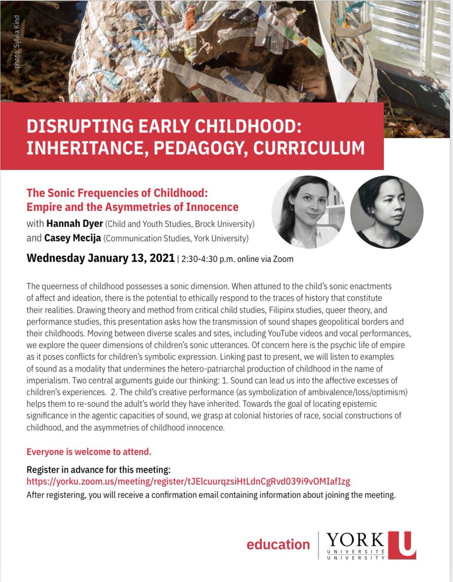 The Disrupting Early Childhood series at YorkU will start the new year with this fabulous event. Join us!  yorku.zoom.us/meeting/regist…