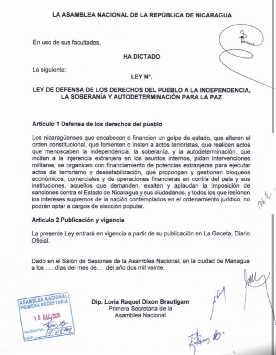 Por una Nicaragua digna, soberana, en paz y amor, sin injerencias ni traidores criminales vendepatria, La “Ley de defensa de los derechos del pueblo a la independencia, la soberanía y la autodeterminación para la paz “. 🇳🇮 ✌🏻