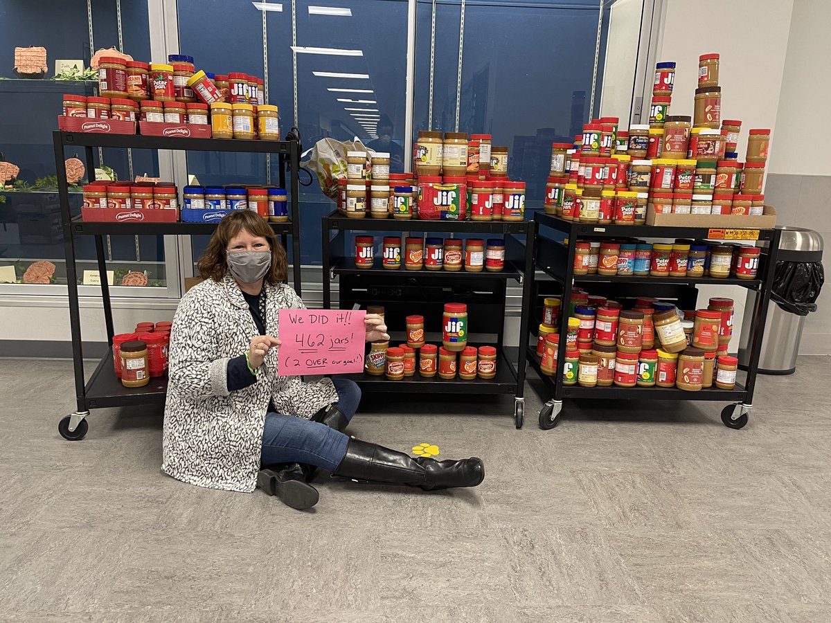 PrestonwoodElem's tweet photo. WE DID IT!!!  The Panther community not only reached the goal set by Mrs. Aitken but exceeded it by 2 jars!  A huge shout out to one of our families who helped to make this happen by donating 99 jars of peanuts butter yesterday. Think of ALL the families you have helped!! https://t.co/g2mGcMfb60