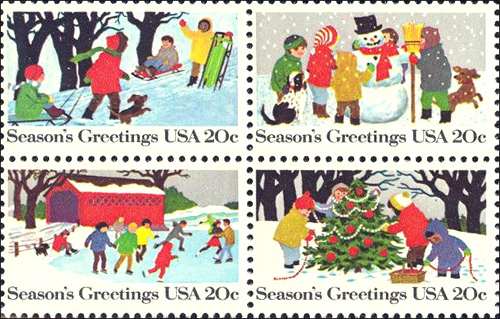 I've never especially loved holiday stamps, but these are pretty nice.I'll admit they're quite idealistic, but they're also just happy scenes of people enjoying the season and one another. Hard to be a grinch about that :)