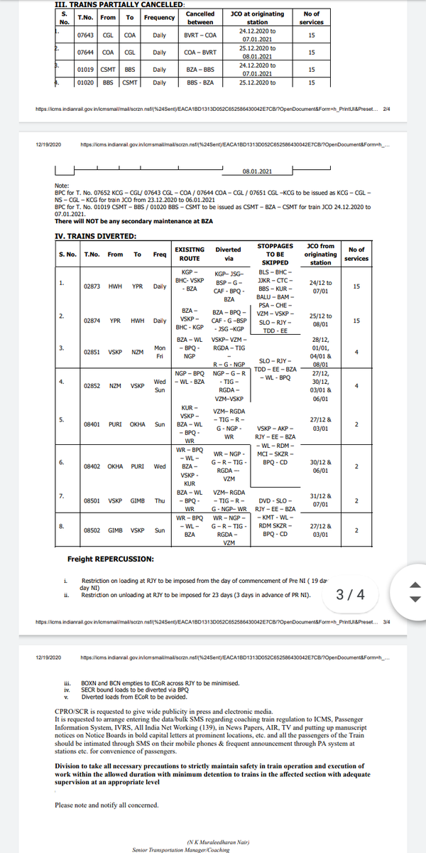 Following trains will be cancelled or short terminated or route diverted from dec 25 ,2020 to Jan 8 ,2021 please check once in irctc or SMS or ntes once ,plan your trip accordingly #ongole #nellore #vskp #rjy
