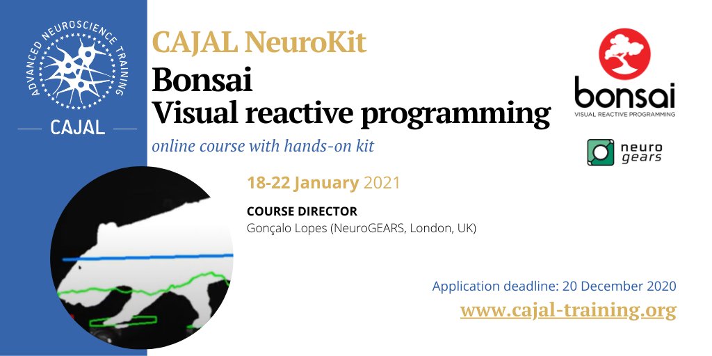 The CAJAL Advanced Neuroscience Training Programme (@cajal_training) on Twitter photo 1 day left to apply for the #CAJAL #Training #NeuroKit on #Visual reactive programming – #Bonsai
👉Apply & info: ow.ly/2Rwu50CyxEQ
⏰ DEADLINE: 20 Dec
📅 18-22 January 2021
<a href="/glopesdev/">Gonçalo Lopes</a> <a href="/neurogears/">NeuroGEARS</a> <a href="/FENSorg/">FENS</a> @ibroSecretariat 1 day left to apply for the #CAJAL #Training #NeuroKit on #Visual reactive programming – #Bonsai
👉Apply & info: ow.ly/2Rwu50CyxEQ
⏰ DEADLINE: 20 Dec
📅 18-22 January 2021
<a href="/glopesdev/">Gonçalo Lopes</a> <a href="/neurogears/">NeuroGEARS</a> <a href="/FENSorg/">FENS</a> @ibroSecretariat