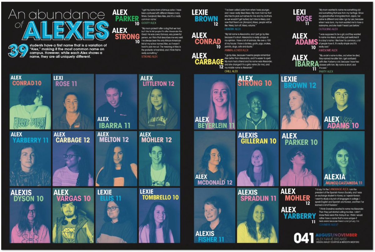 An abundance of Alexes: Featuring 39 students who have the first name that is a variation of Alex, Bryant High School [AR] created a tile-style layout with colorized pictures. Not only is the design appealing, the spread concept is unique and just plain fun. ✨