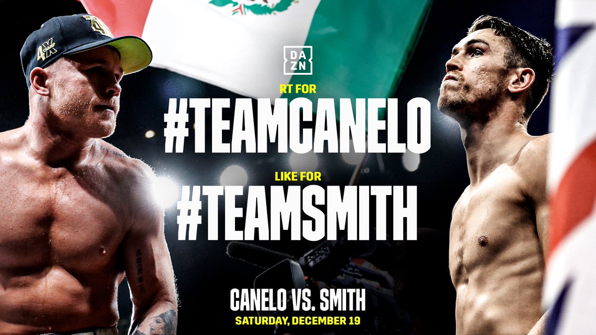 SHOW YOUR SUPPORT! 👊

RT for #TeamCanelo 🇲🇽
LIKE for #TeamSmith 🇬🇧