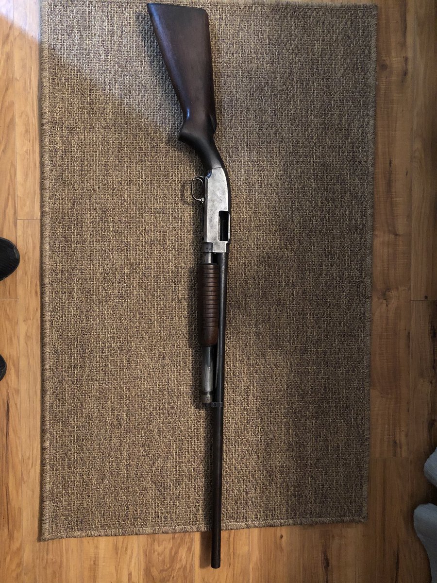 The next is a Winchester model 25. It was my great-grandad’s hunting shotgun. Fun fact: it’s slam fire, so you can hold the trigger down while you’re pumping it and it will keep shooting. That doesn’t seem very useful to me, but I guess it had its purpose