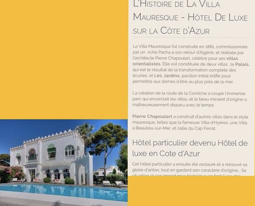 Certains voyageurs français pendant la colonisation s'inspiraient de notre architecture pour reproduire une similarité en France -Villa El Djezair 1921 -Villa Mauresque 1881 Saint Raphael