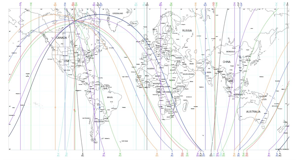 Regarding the Jupiter-Saturn conjunction this year, it is interesting to see the places where the point of the conjunction falls on the angles. This map shows- The conjunction is on the MC on a lline that passes through parts of Canada, Puerto Rico, Brazil Bolivia & Argentina