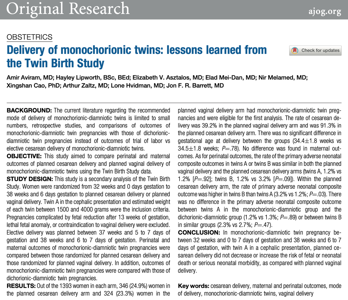 AJOG_thegray's tweet photo. Delivery of monochorionic twins: lessons learned from the Twin Birth Study https://t.co/DU12Sw7EJi https://t.co/aT7K4QMOMt