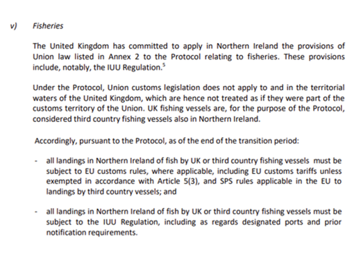 The situation was set out in the Commission's April 2020 technical note on implementation of the NI Protocol:"all landings in [NI] of fish by UK or third country fishing vessels must be subject to EU customs rules, where applicable, including... 4/ https://ec.europa.eu/info/sites/info/files/brexit_files/info_site/20200430_note_protocol_ie_ni.pdf