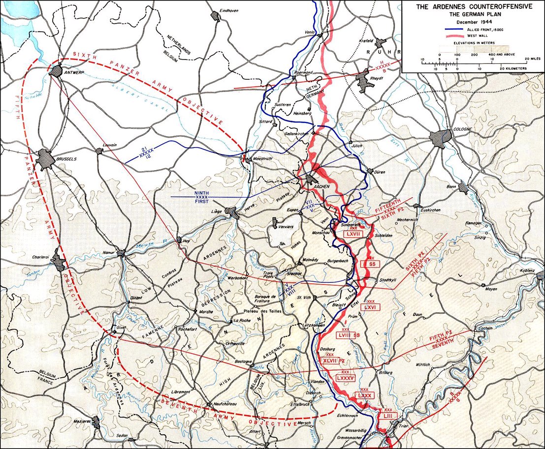 34 of 44So there were multiple goals in his plan here. The military objective was to take Antwerp and to cut off Allied troops to the north. There were political goals too – cause division among the Allies and effectively destroy the Allied coalition.
