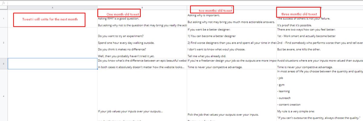 Tweets trick: Swipe file. Why is it crucial? 1. I use it for the inspiration 2. I can write easily tweets under each other3. I can easily export it in the .csv file and import it straight to the scheduling tool. I use google sheets.It looks like this: