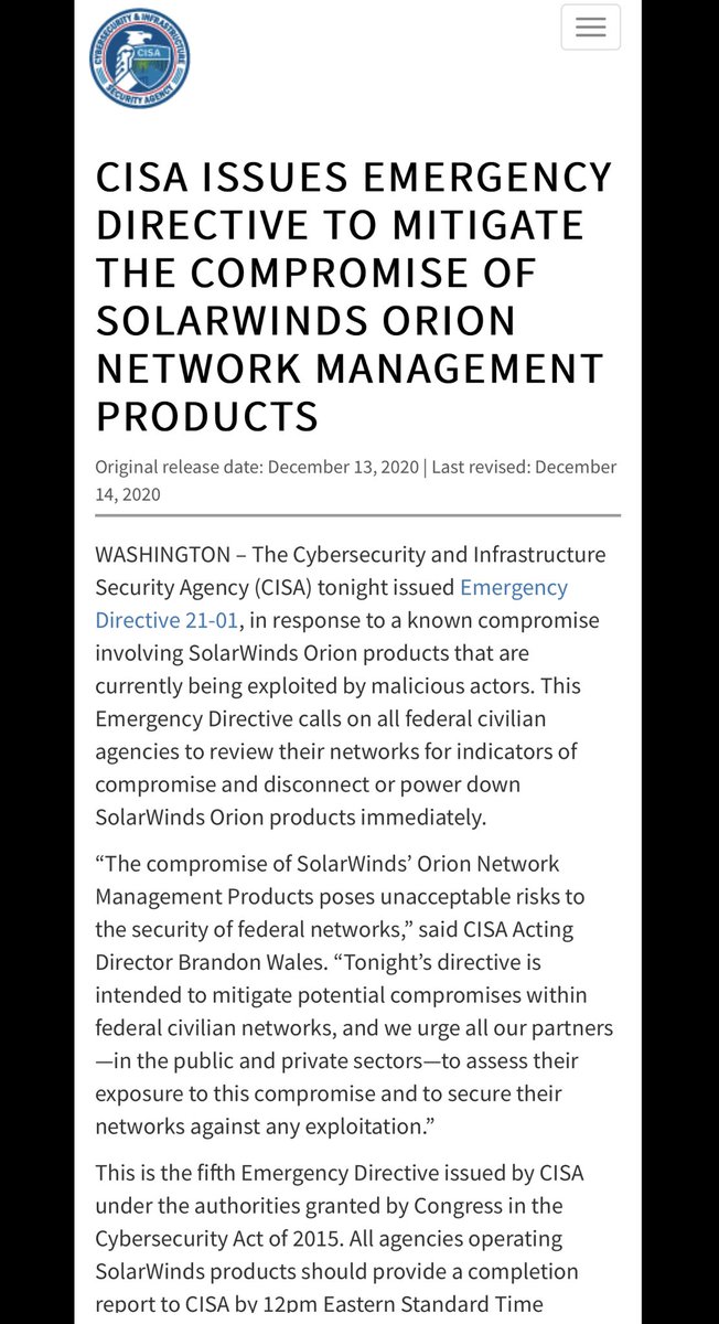 Finance Committee Witnesses: Treasury Secretary, Head of Office Intelligence & Analysis, Eric Swalwell, Hunter Biden, Joe Biden, Maxine Waters, Dominion CEO, Nancy Pelosi, Kamala Harris & Solar Winds CEO Sudhakar Ramakrishna  https://www.cisa.gov/news/2020/12/13/cisa-issues-emergency-directive-mitigate-compromise-solarwinds-orion-network