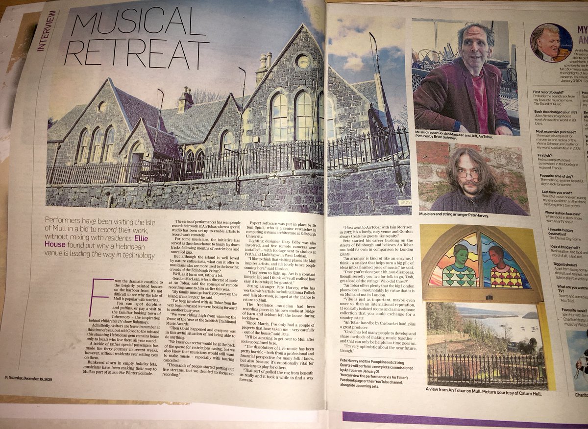 Brill piece in today's <a href="/PressandJournal/">Press And Journal</a> abt the amazing work done by Gordon Maclean, <a href="/LunasGary/">Gary Ebdy</a>, Dr Tom Spink and all at An Tobar to bring you our Music For Winter Solitude filmed performances under social distancing rules. Next up is @Rachellojack on 7 Jan &amp; @PeteHarvey on 21st